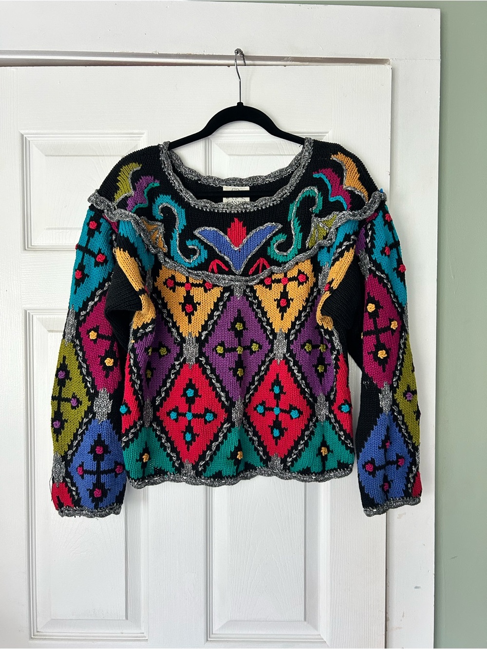 Vintage Gantos Sweater Womens Medium Colorful Geometric Metallic Trim